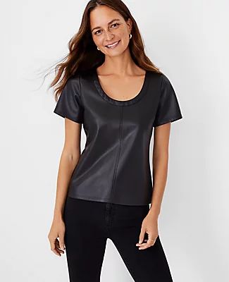 Ann Taylor Petite Faux Leather Scoop Neck Tee