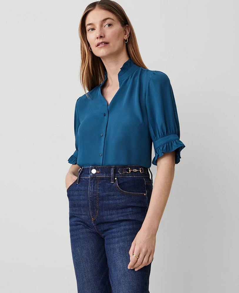 Ann Taylor Petite Ruffle Button Top Women's