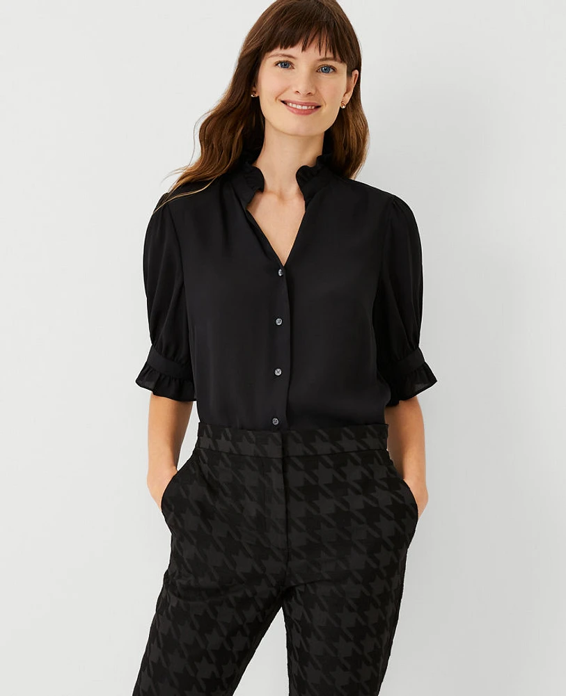 Ann Taylor Petite Ruffle Collar Blouse Black Women's