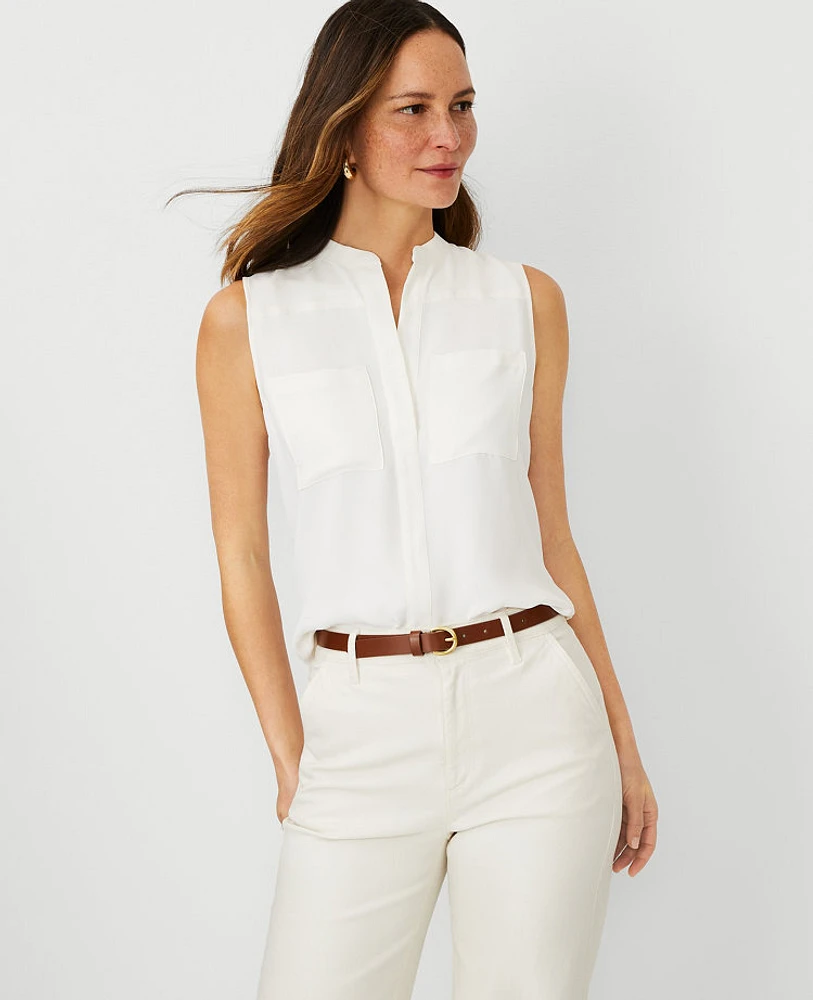 Ann Taylor Petite Sleeveless Camp Shirt Winter White Women's