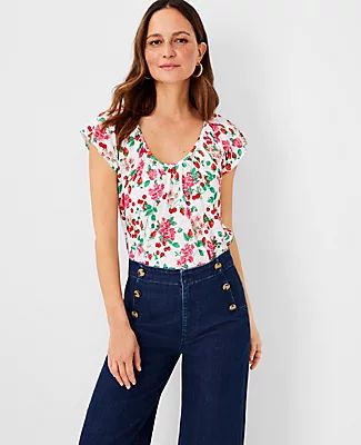 Ann Taylor Floral Gathered Scoop Neck Pure Linen Tee