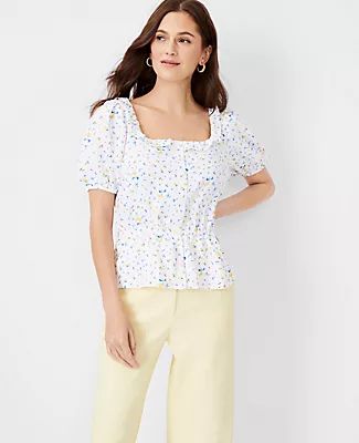 Ann Taylor Floral Mixed Media Button Square Neck Top
