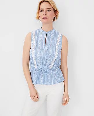 Ann Taylor Petite Chambray Lace Tie Front Top