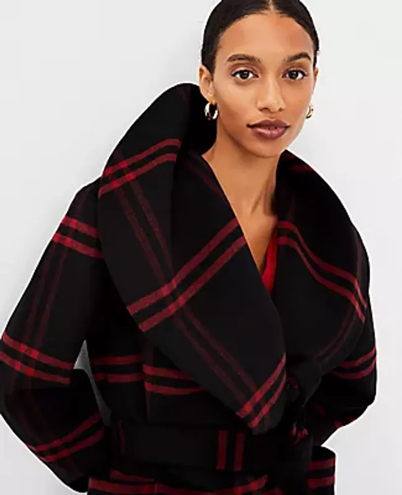 Ann Taylor Plaid Wool Blend Shawl Collar Wrap Coat