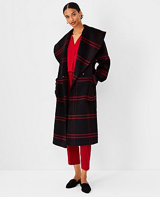 Ann Taylor Plaid Wool Blend Shawl Collar Wrap Coat
