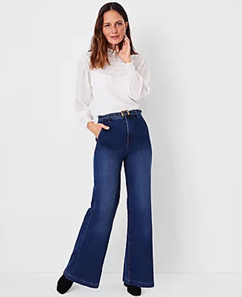 Ann Taylor Tall High Rise Belted Trouser Jeans in Bright Medium Stone Wash