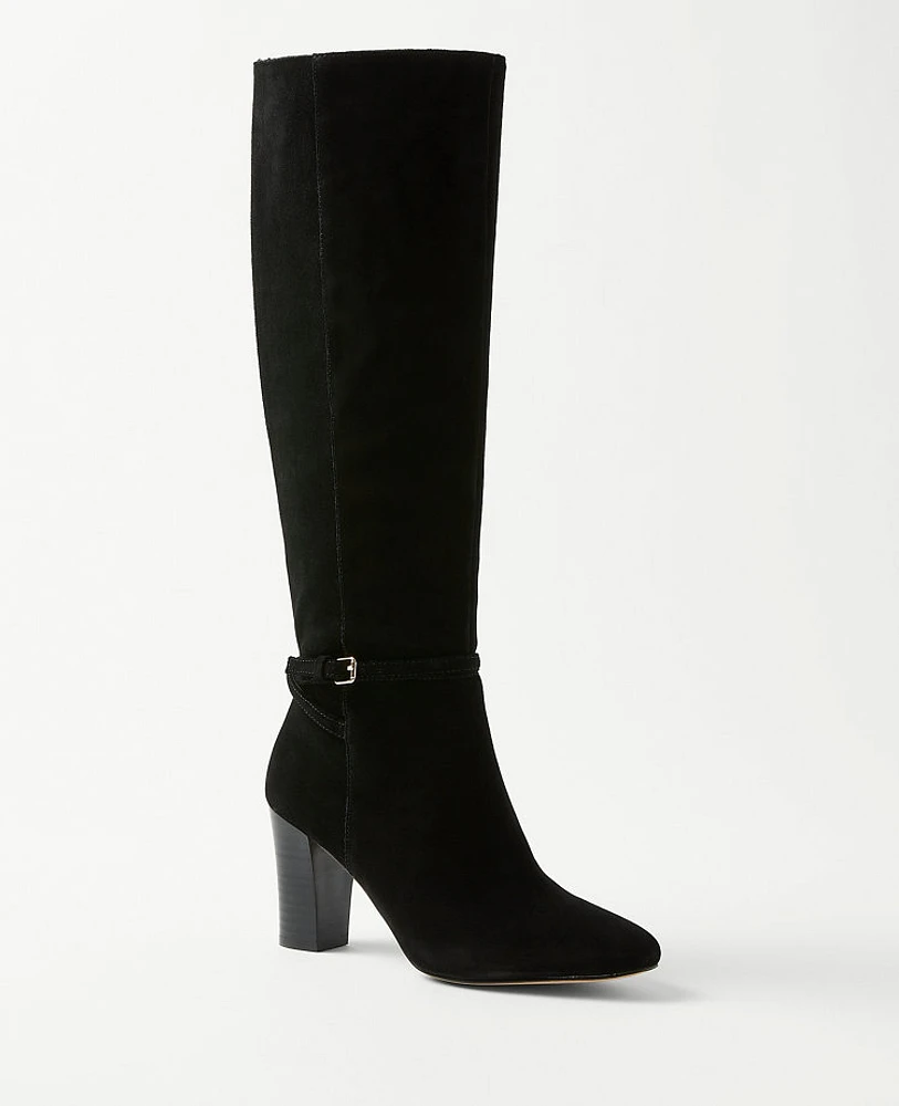 Ann Taylor High Heel Suede Buckle Boots Black Women's