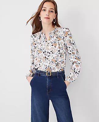 Ann Taylor Floral Mixed Media Button Front Top