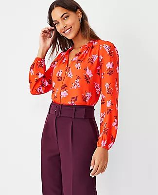 Ann Taylor Petite Floral Mixed Media Button Front Top