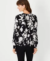 Ann Taylor Petite Baroque Floral Button Trim Crew Neck Top Size Medium Black Women's