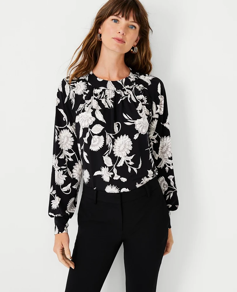 Ann Taylor Petite Baroque Floral Button Trim Crew Neck Top Size Medium Black Women's