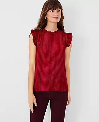 Ann Taylor Houndstooth Mixed Media Ruffle Button Shell Top