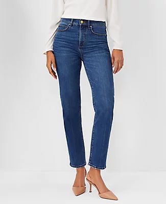 Ann Taylor Sculpting Pocket High Rise Straight Jeans Classic Mid Wash