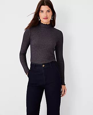 Ann Taylor Shimmer Ribbed Ruffle Turtleneck Top