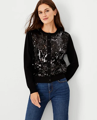 Ann Taylor Petite Sequin Front Ann Cardigan Size 2XS Black Women's