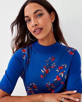 Ann Taylor Floral Mock Neck Sweater Tee