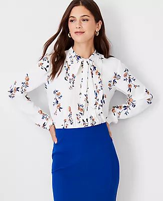 Ann Taylor Petite Floral Pintucked Bow Blouse