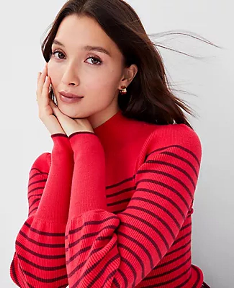 Ann Taylor Petite Striped Puff Sleeve Mock Neck Sweater