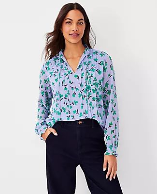 Ann Taylor Floral Pintucked Ruffle Tie Neck Top
