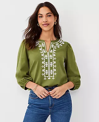 Ann Taylor Embroidered 3/4 Sleeve Top