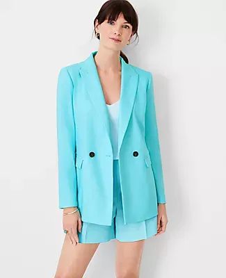Ann Taylor The Relaxed Double Breasted Long Blazer Linen Blend