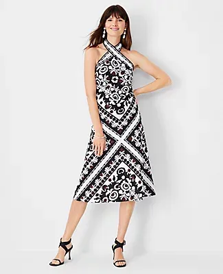 Ann Taylor Scarf Print Linen Blend Crossover Halter Dress