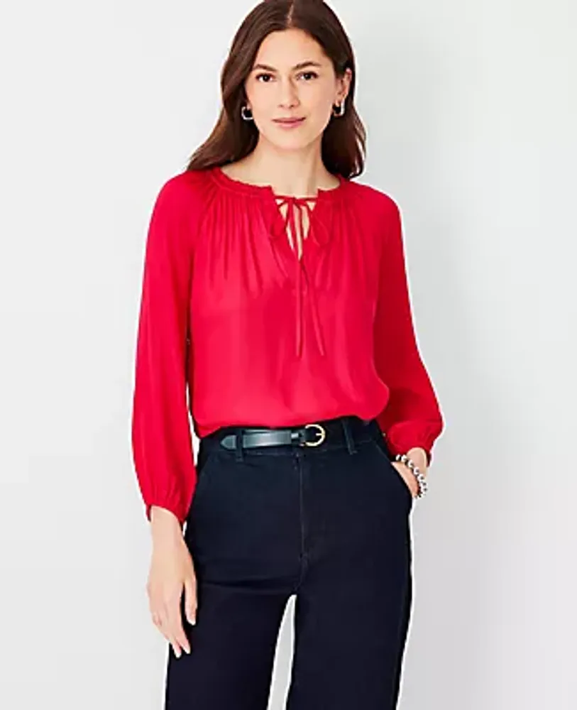 Ann Taylor Petite Mixed Media Shirred Tie Neck Top