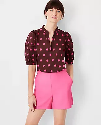 Ann Taylor Petite Dot Pintucked Puff Sleeve Popover Top