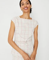 Ann Taylor The Petite Belted Envelope Boatneck Top Plaid Rose Bloom Women's