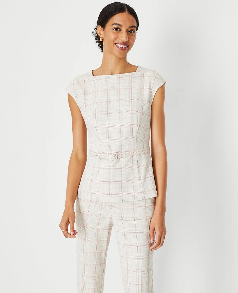 Ann Taylor The Petite Belted Envelope Boatneck Top Plaid Rose Bloom Women's