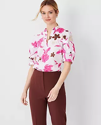 Ann Taylor Floral Pintucked Puff Sleeve Popover Top