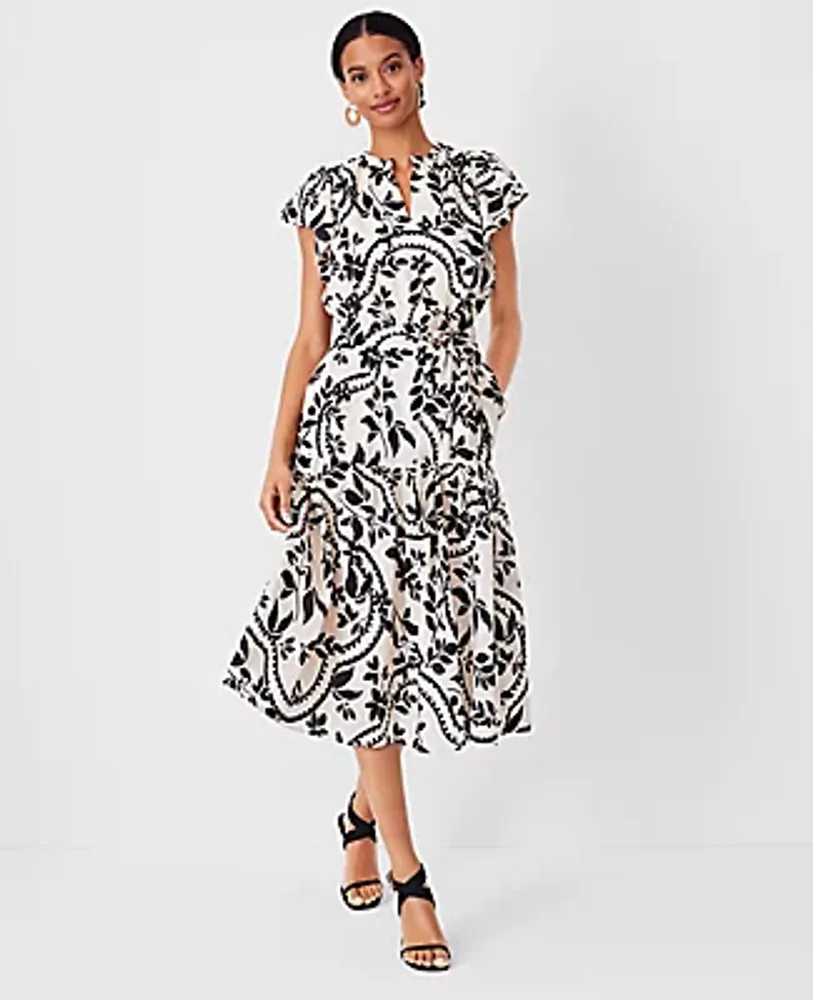 Ann Taylor Petite Tropical Flutter Sleeve Midi Flare Dress