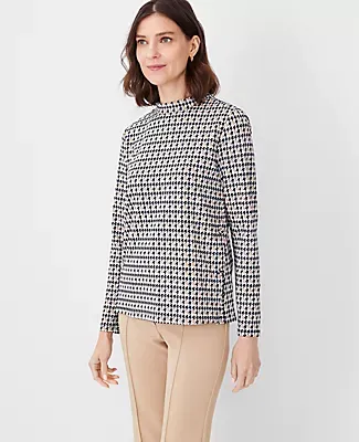 Ann Taylor Houndstooth Side Button Mock Neck Top