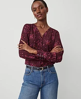 Ann Taylor Floral Mixed Media Pleat Front Top Plum Rose Women's