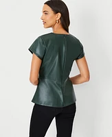 Ann Taylor Petite Faux Leather Seamed Split Neck Peplum Top Women's