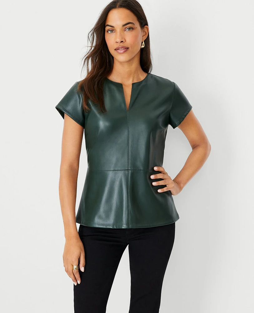 Ann Taylor Petite Faux Leather Seamed Split Neck Peplum Top Women's