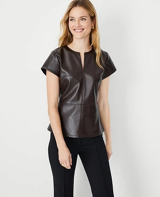 Ann Taylor Petite Faux Leather Seamed Split Neck Peplum Top Size 2XS Pure Chocolate Women's