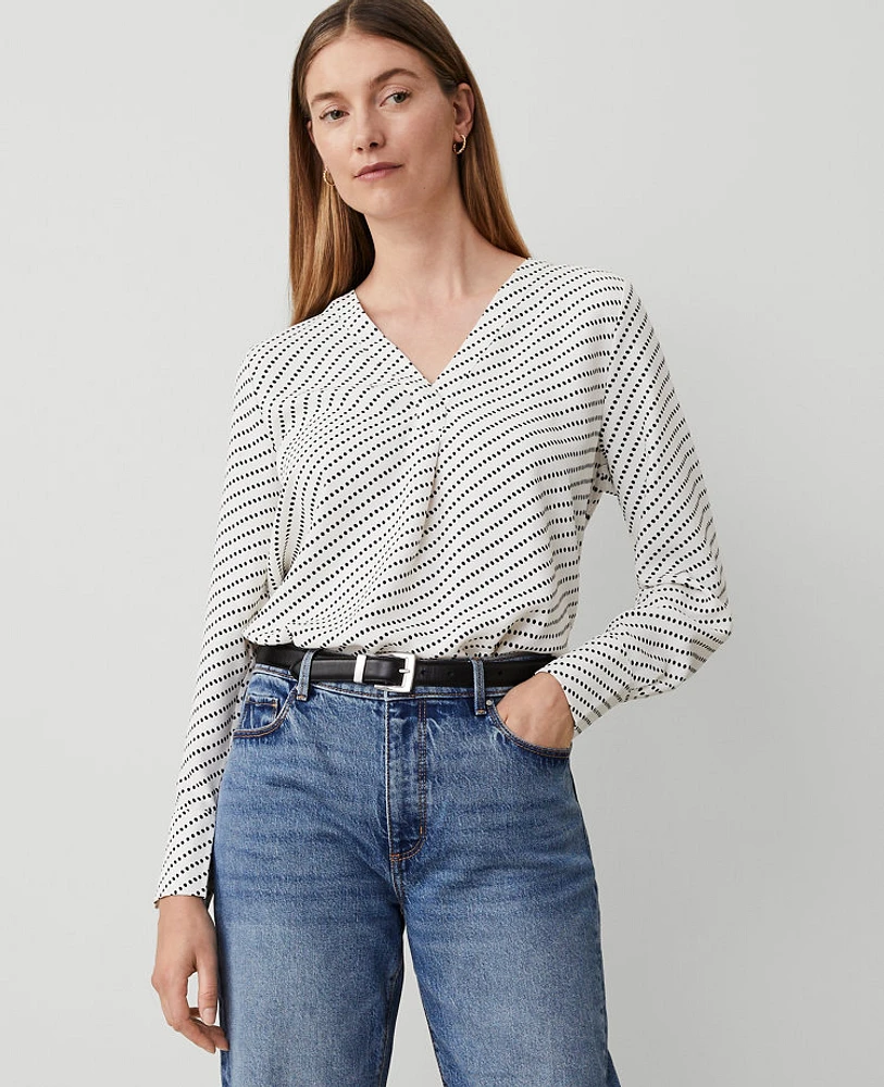 Ann Taylor Stripe Mixed Media Pleat Front Top Winter White Women's