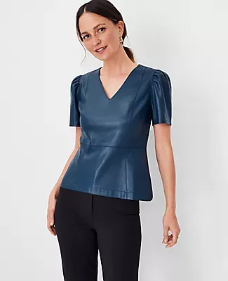 Ann Taylor Petite Faux Leather Puff Sleeve Peplum Top