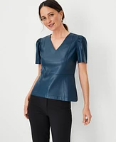 Ann Taylor Petite Faux Leather Puff Sleeve Peplum Top Size 2XS Midnight Spruce Women's