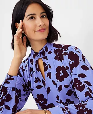 Ann Taylor Petite Floral Twist Mock Neck Pleat Front Top