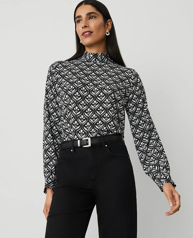 Ann Taylor Geo Mock-Neck Top Black Women's