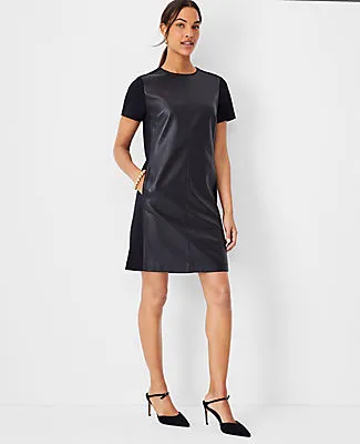 Ann Taylor Petite Faux Leather Mixed Media Shift Dress