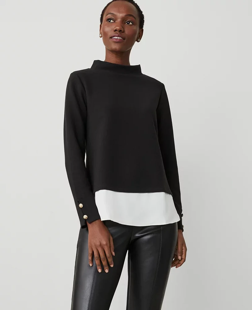 Ann Taylor Petite Mixed Media Mock Neck Top Women's