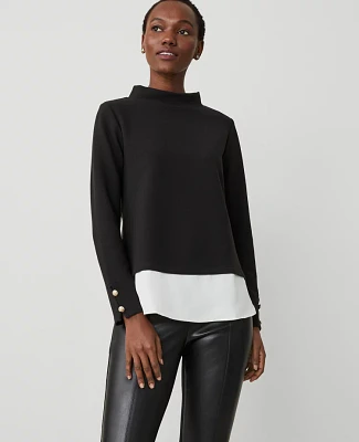 Ann Taylor Petite Mixed Media Mock Neck Top Black Women's