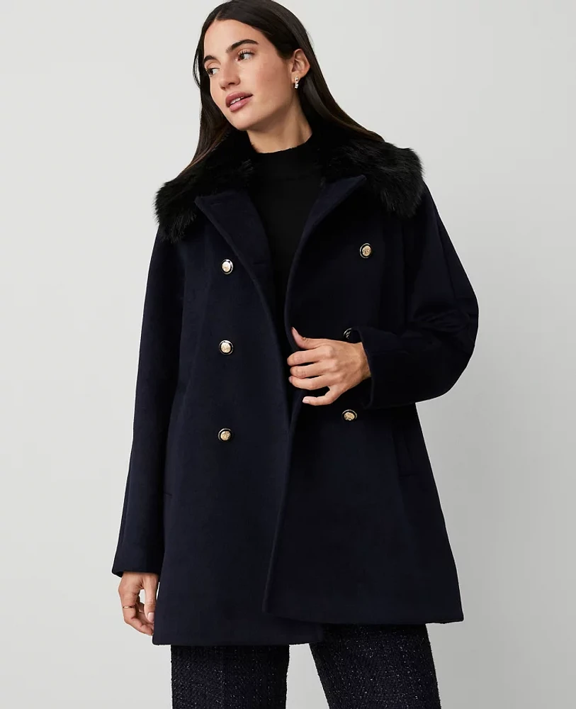 Ann Taylor Faux Fur Collar Double Breasted Swing Coat Night Sky Women's