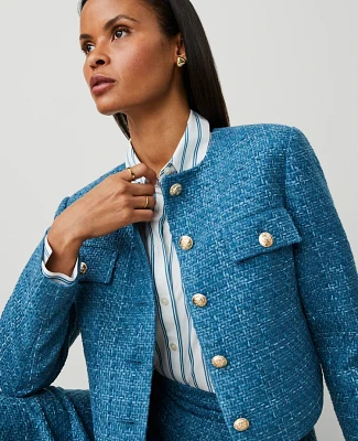 Ann Taylor Tweed Crew Neck Jacket Balmy Blue Women's