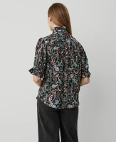 Ann Taylor Petite Paisley Ruffle Button Top Black Women's