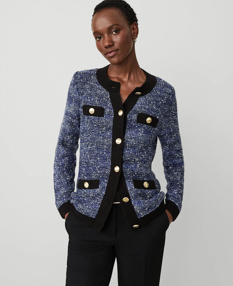 Ann Taylor Shimmer Tweed Sweater Jacket Blue Multi Women's