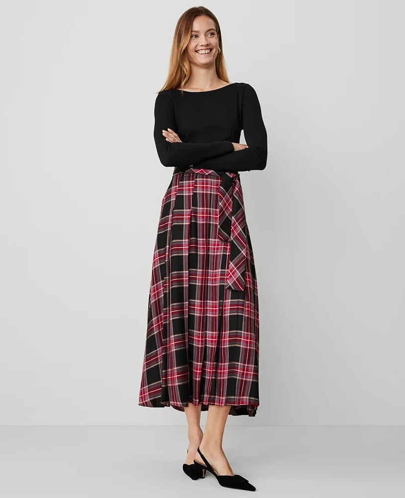 Ann Taylor Plaid Tie-Waist Pleated Midi Skirt Black Women's